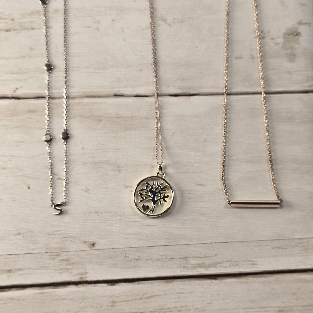 Silver Tone Necklace Lot Tree of Life 925 Initial S Bar Pendant Minimalist Set